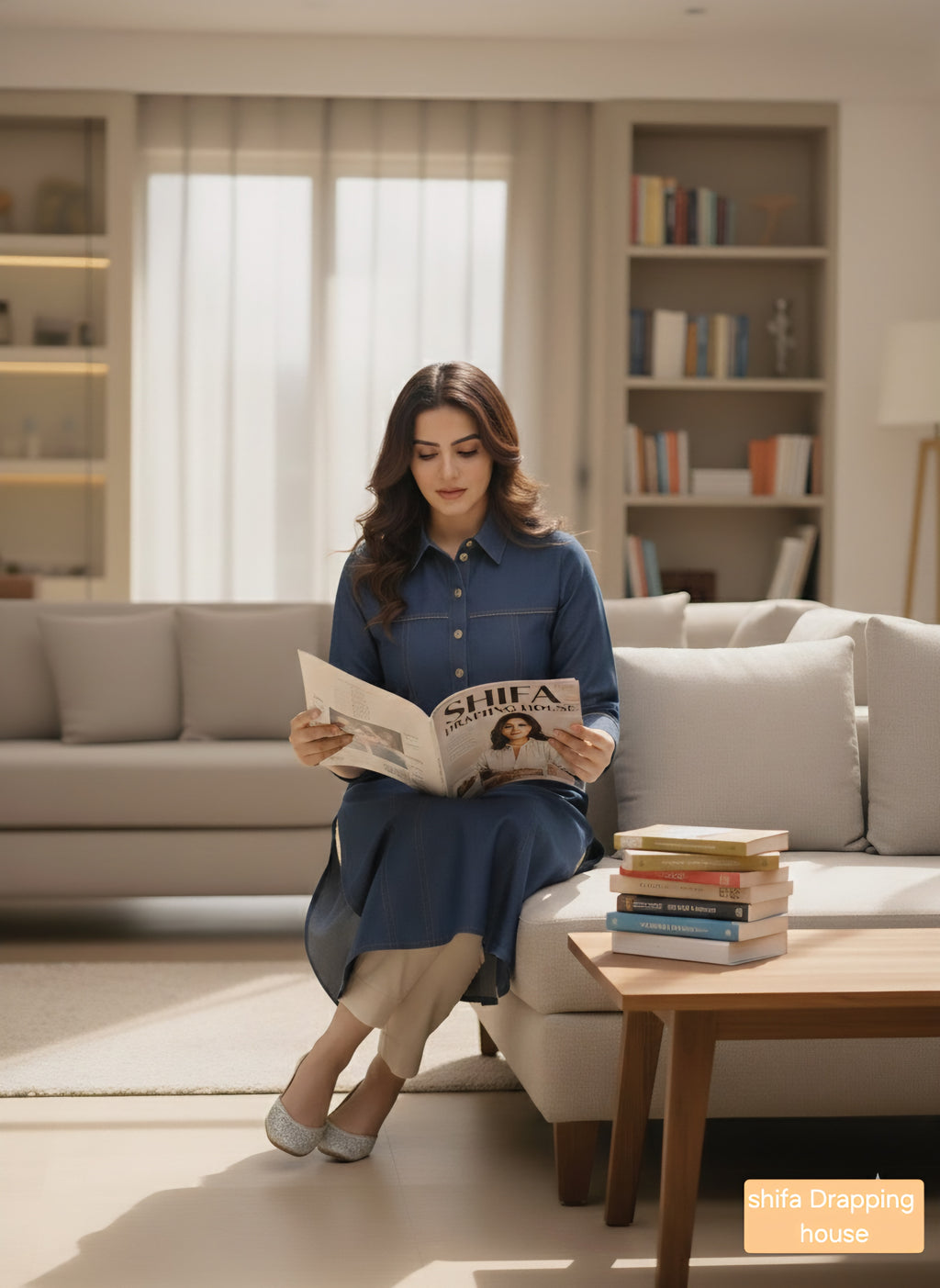 Women's Indigo Blue Denim Kurti with Pintucks, Metal Chain Detail & Pleated Back