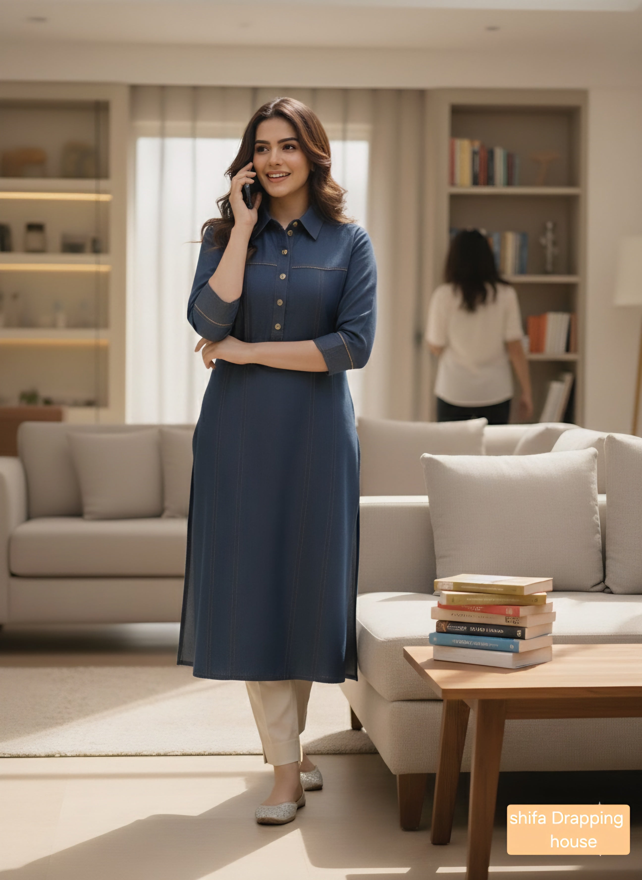 Women's Indigo Blue Denim Kurti with Pintucks, Metal Chain Detail & Pleated Back