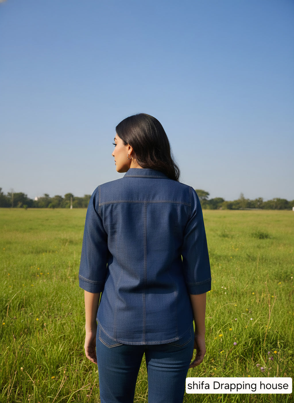 Premium Indigo Denim Shirt with Front Pleat Detailing & Shell Buttons