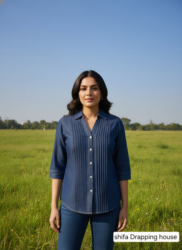 Premium Indigo Denim Shirt with Front Pleat Detailing & Shell Buttons