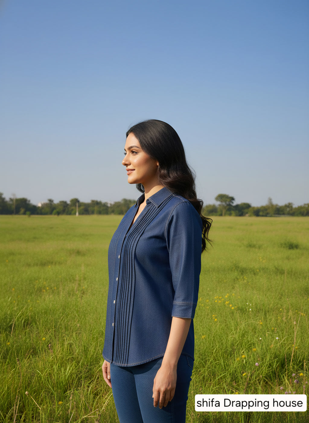 Premium Indigo Denim Shirt with Front Pleat Detailing & Shell Buttons