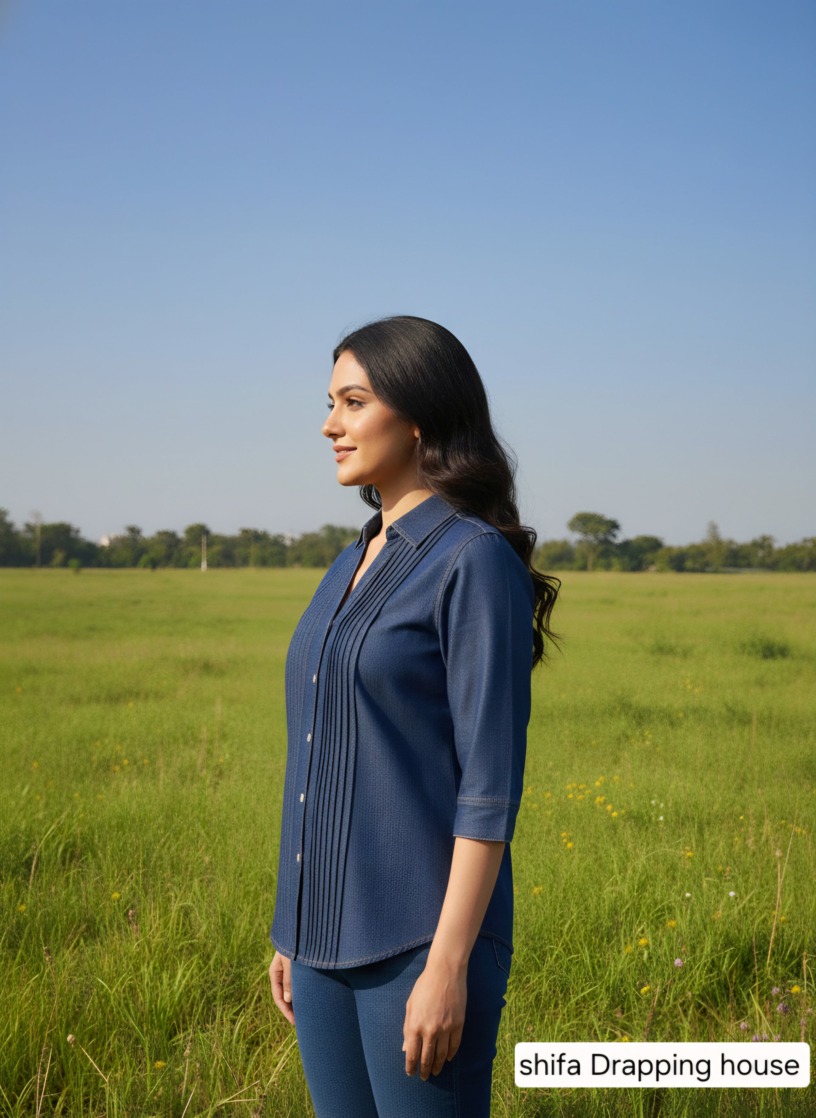 Premium Indigo Denim Shirt with Front Pleat Detailing & Shell Buttons