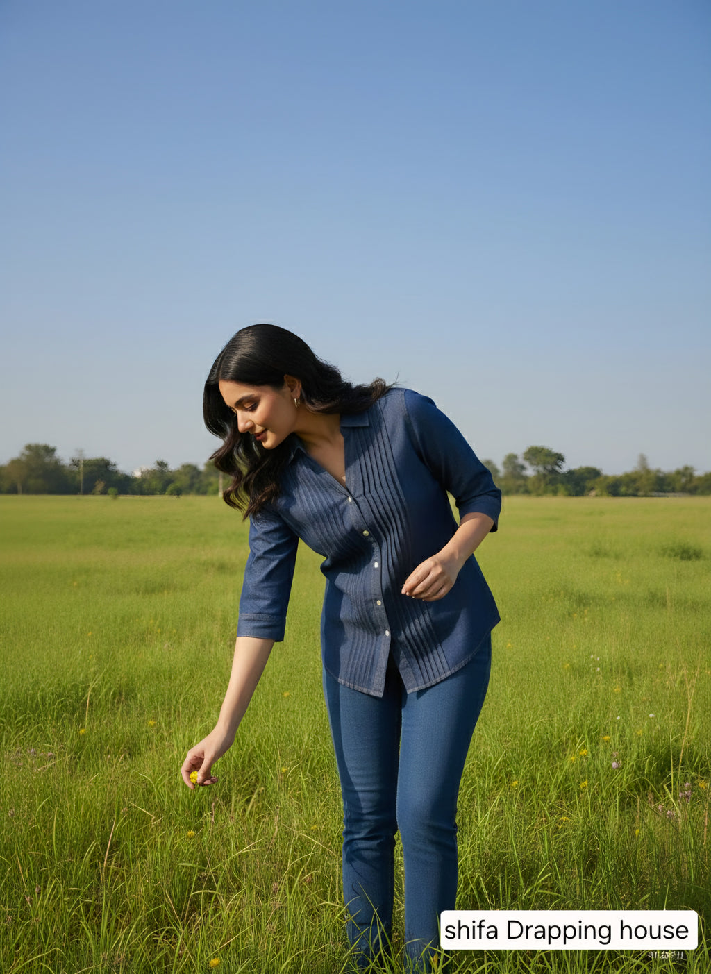 Premium Indigo Denim Shirt with Front Pleat Detailing & Shell Buttons