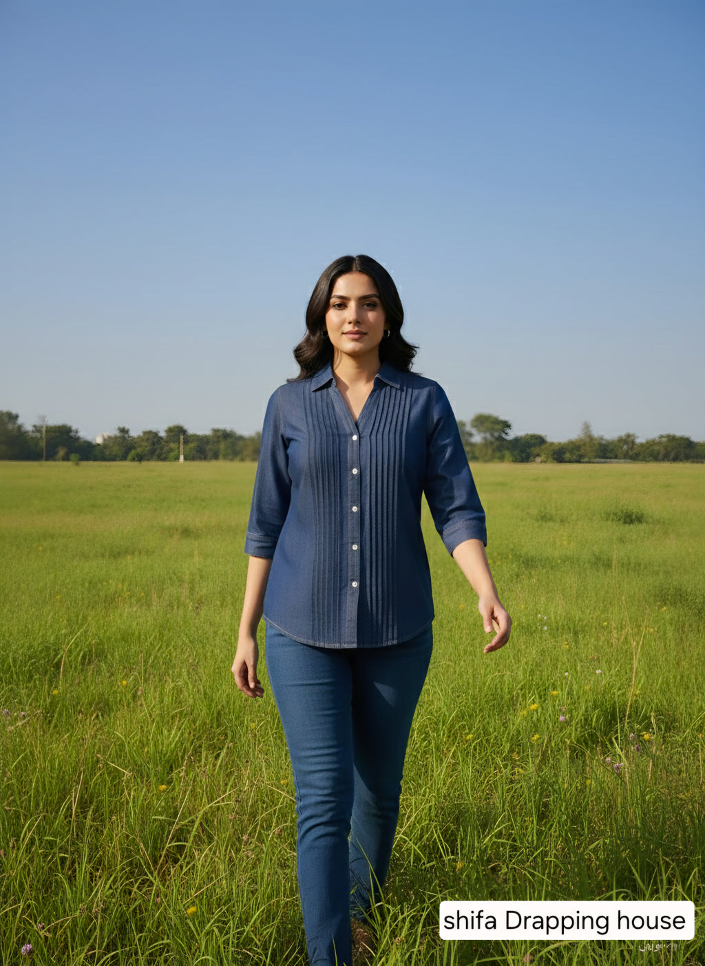 Premium Indigo Denim Shirt with Front Pleat Detailing & Shell Buttons