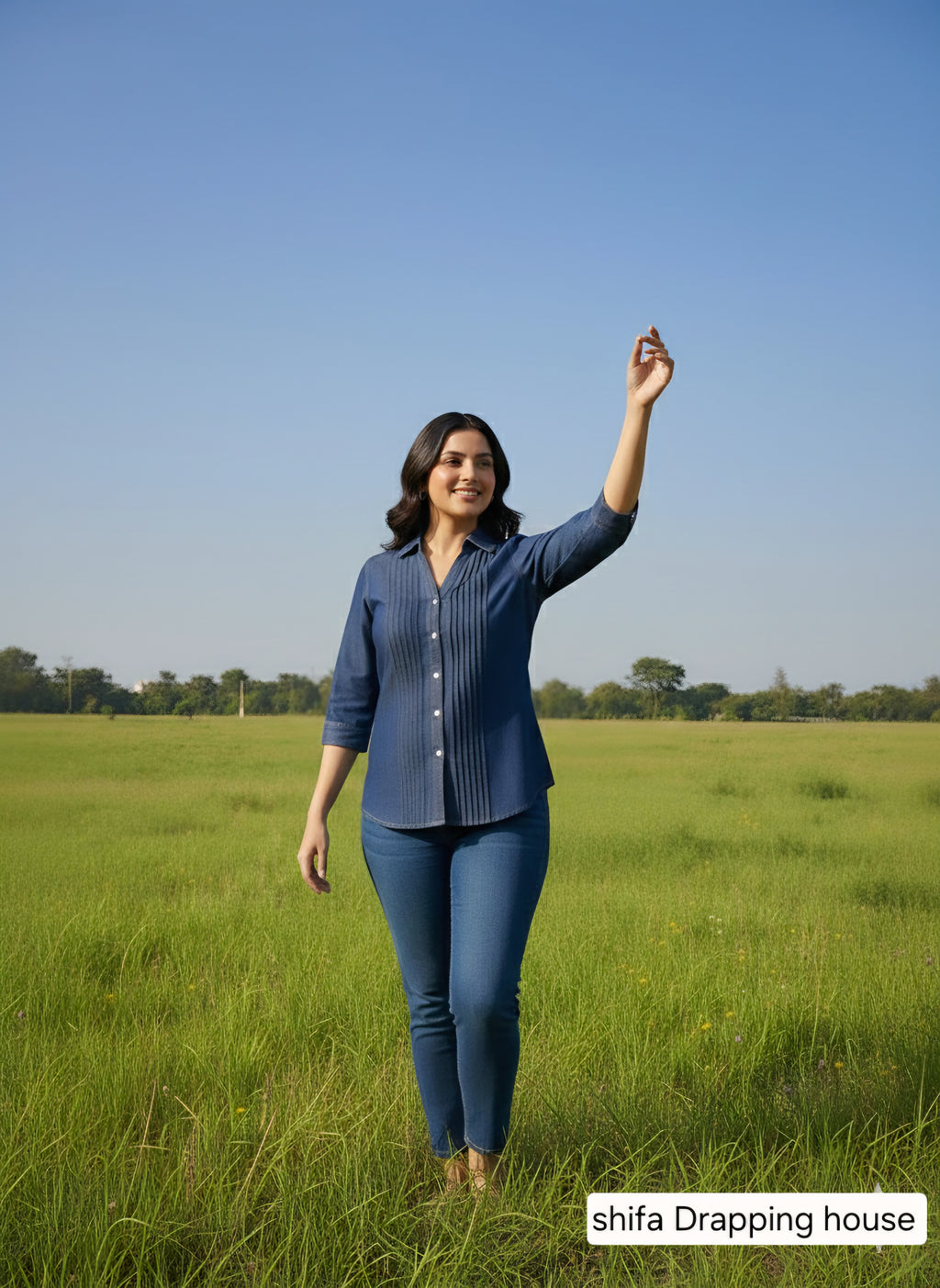 Premium Indigo Denim Shirt with Front Pleat Detailing & Shell Buttons