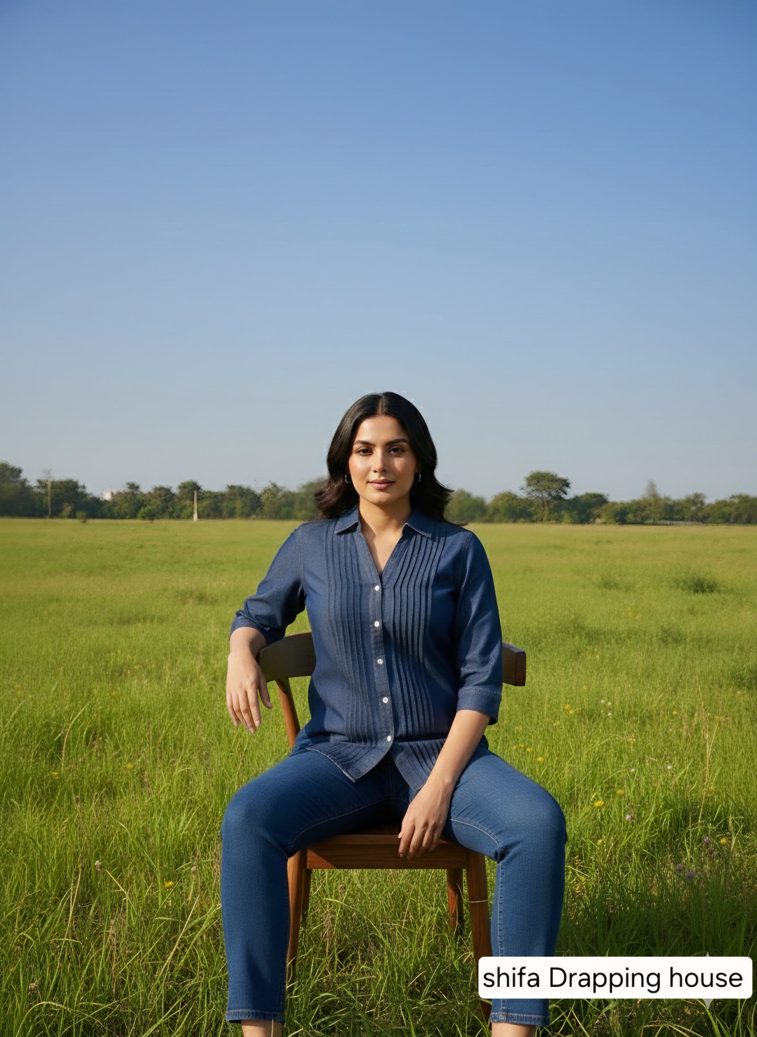 Premium Indigo Denim Shirt with Front Pleat Detailing & Shell Buttons