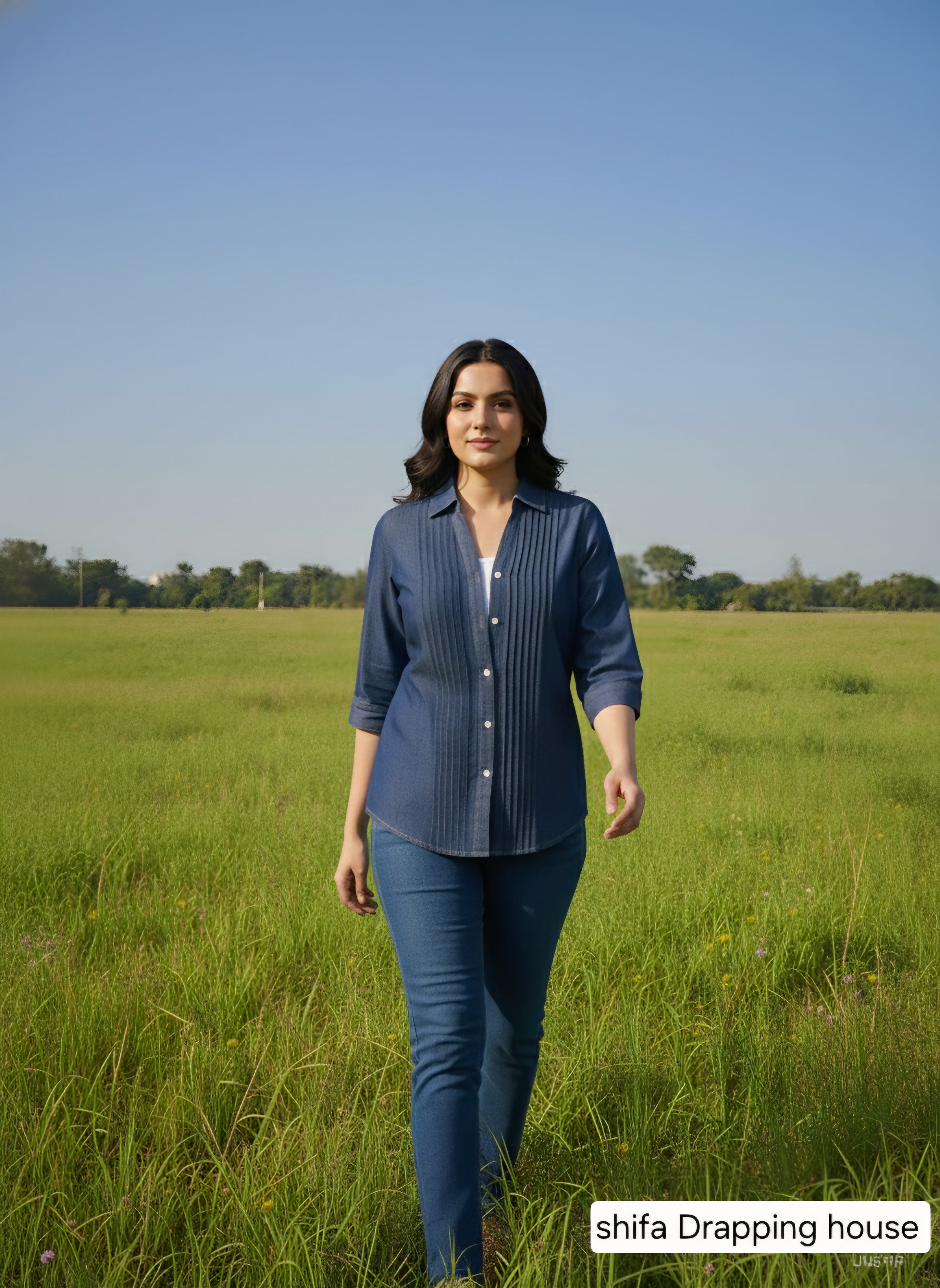 Premium Indigo Denim Shirt with Front Pleat Detailing & Shell Buttons