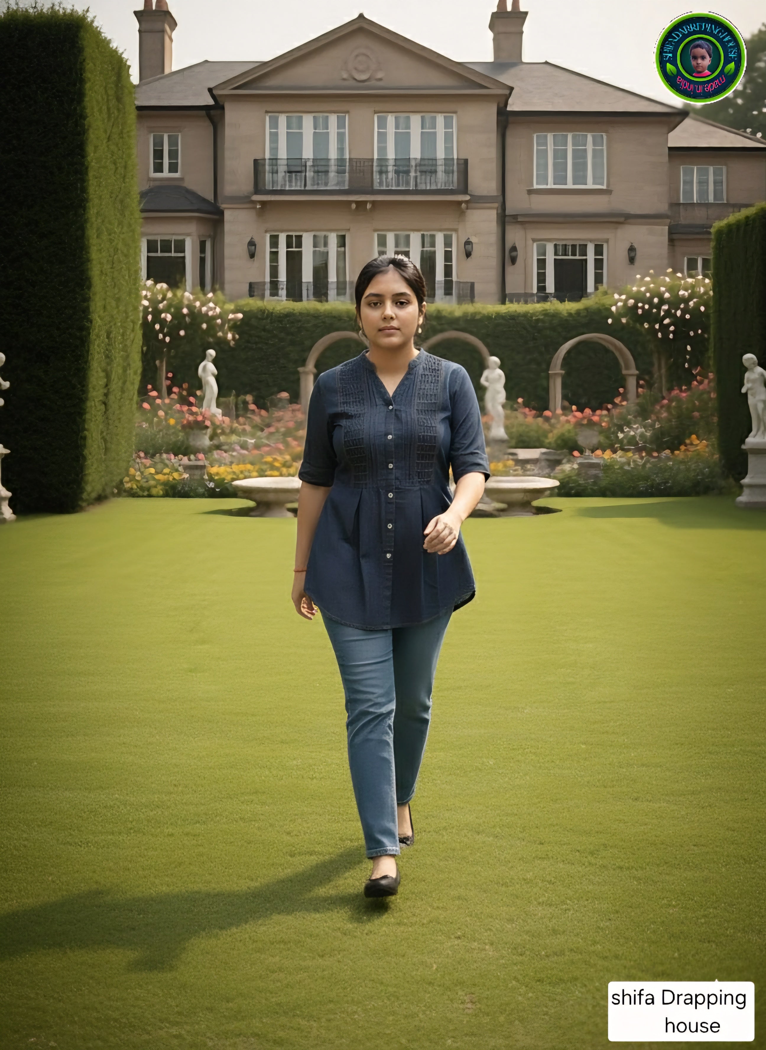 Women's Indigo Denim Tunic with Hand-Crafted Pintex & Ship Buttons