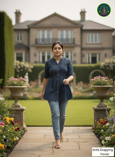 Women's Indigo Denim Tunic with Hand-Crafted Pintex & Ship Buttons