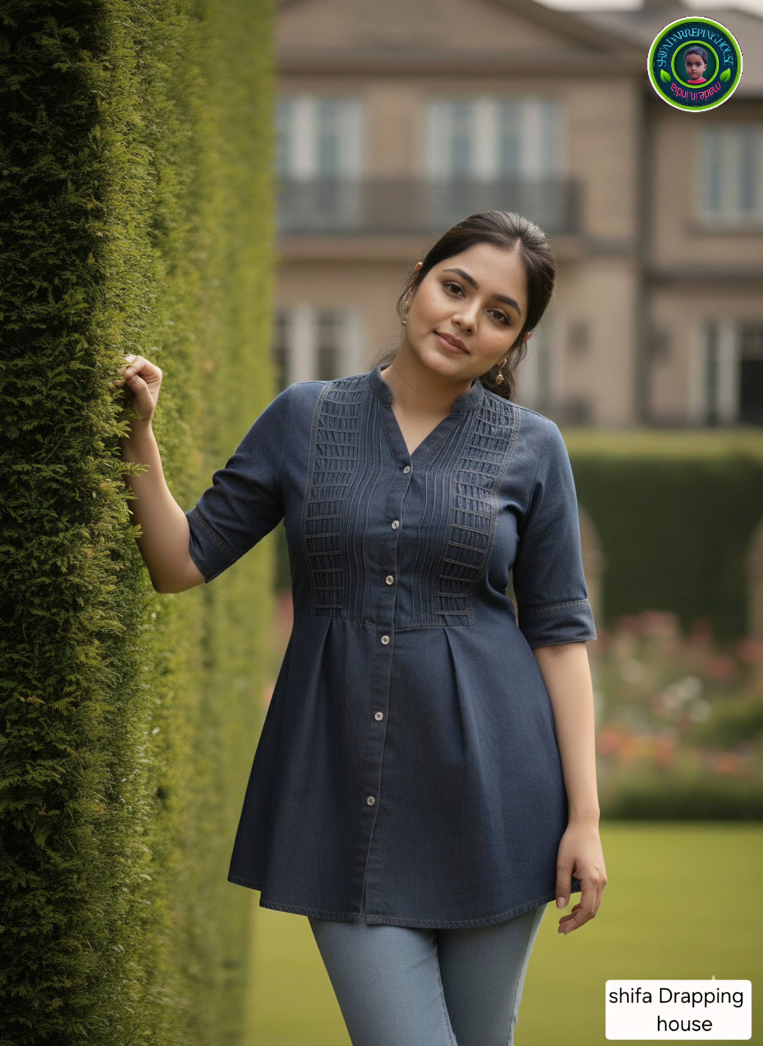 Women's Indigo Denim Tunic with Hand-Crafted Pintex & Ship Buttons