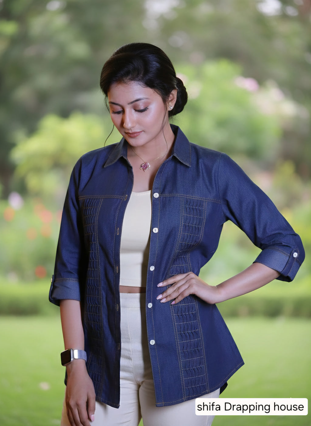 Women's Premium Blue Denim Shirt with Zigzag Pleated  Elegant  with Textured Pin-tuck & White Shell Buttons