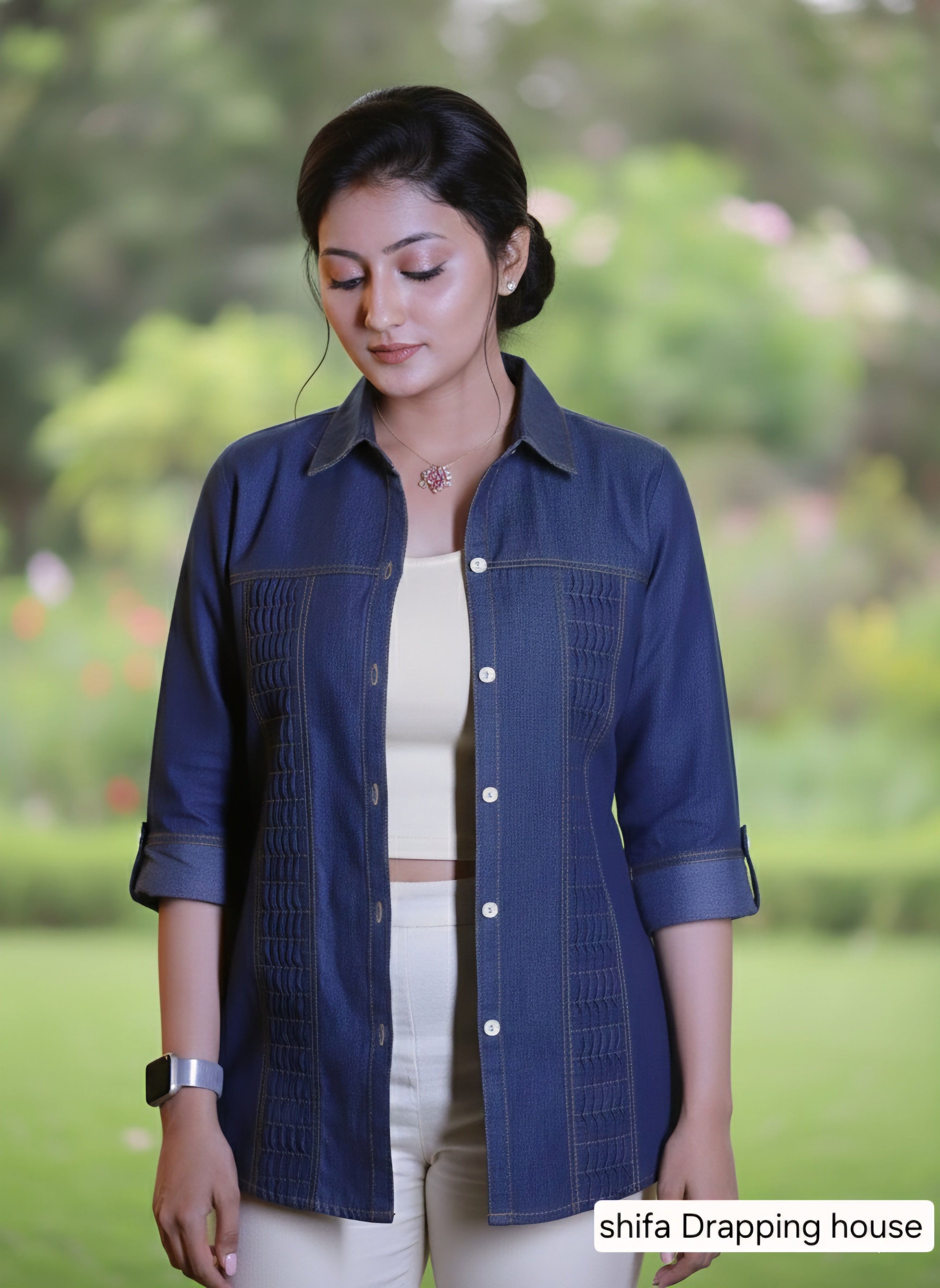 Women's Premium Blue Denim Shirt with Zigzag Pleated Elegant with