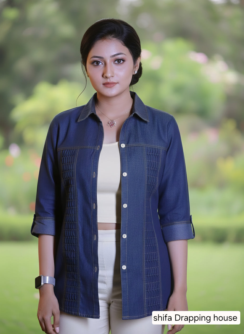 Women's Premium Blue Denim Shirt with Zigzag Pleated  Elegant  with Textured Pin-tuck & White Shell Buttons