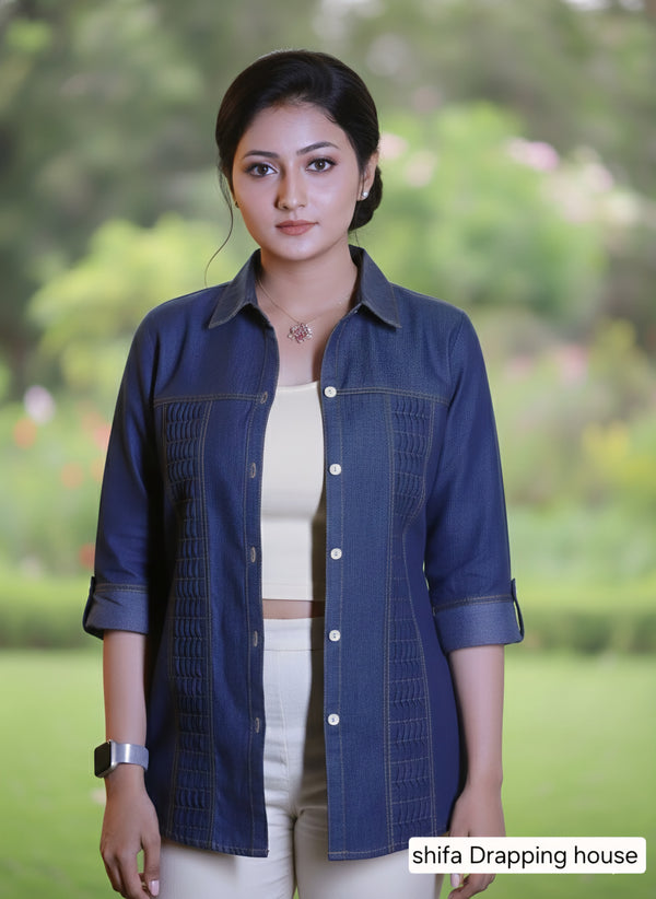 Women's Premium Blue Denim Shirt with Zigzag Pleated  Elegant  with Textured Pin-tuck & White Shell Buttons