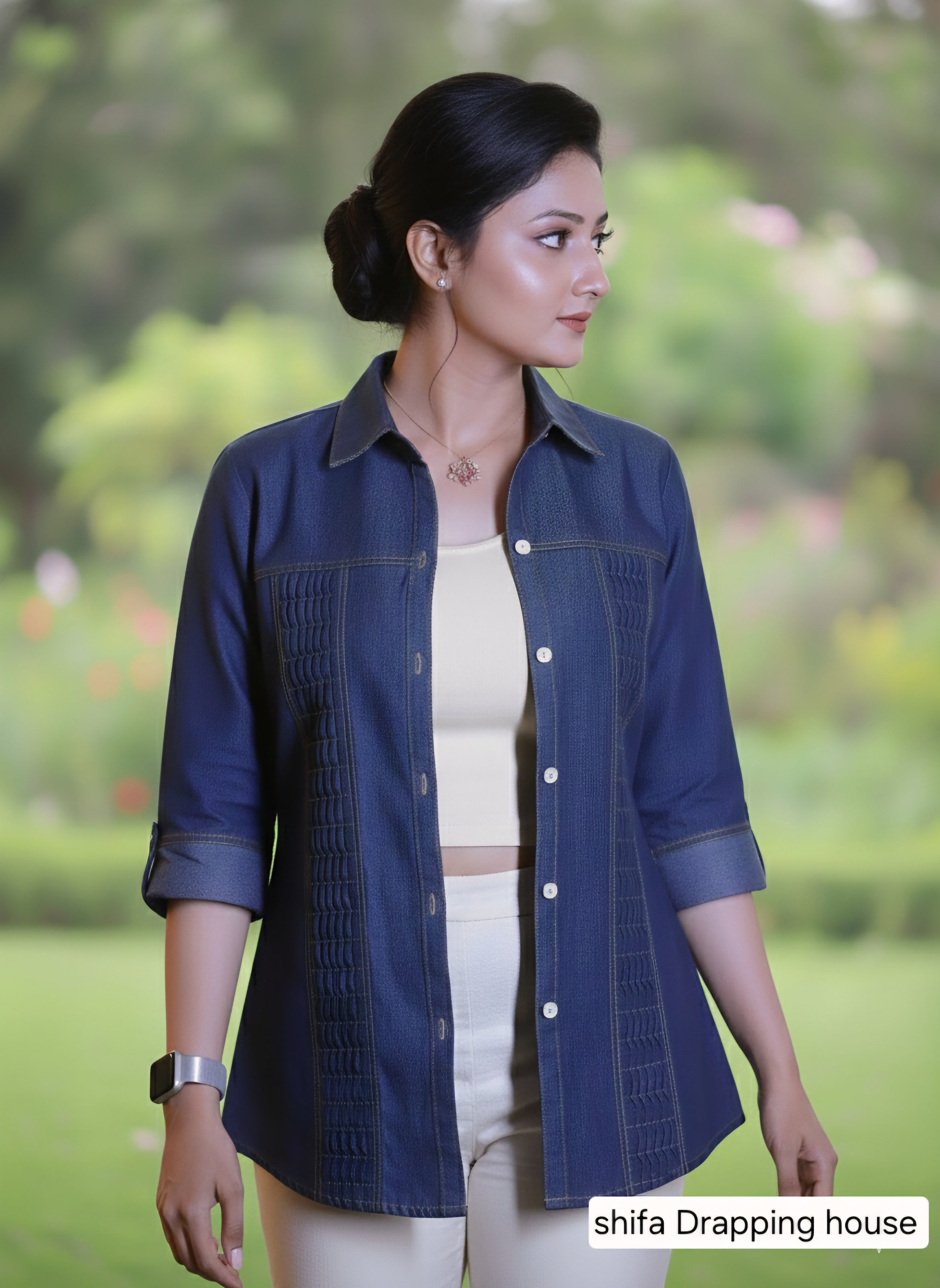 Women's Premium Blue Denim Shirt with Zigzag Pleated  Elegant  with Textured Pin-tuck & White Shell Buttons