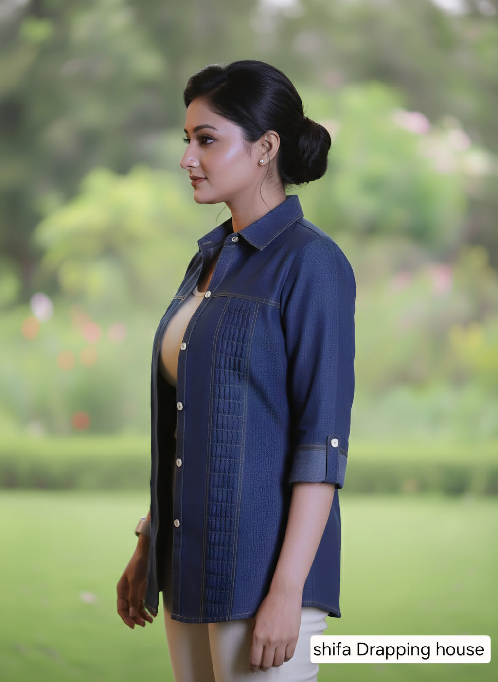 Women's Premium Blue Denim Shirt with Zigzag Pleated  Elegant  with Textured Pin-tuck & White Shell Buttons