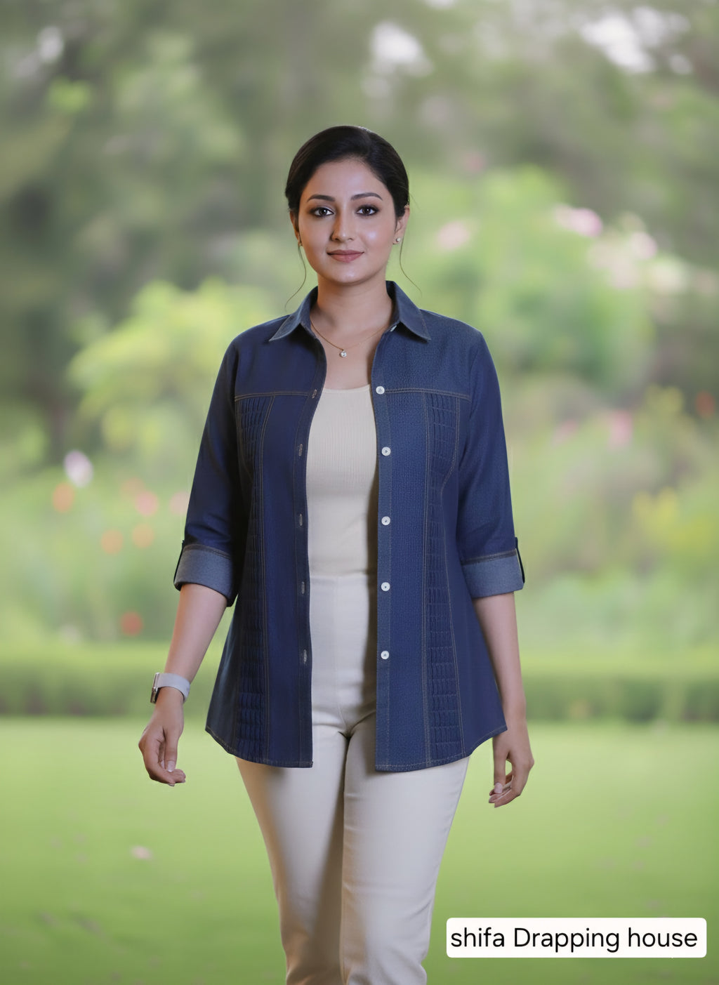 Women's Premium Blue Denim Shirt with Zigzag Pleated  Elegant  with Textured Pin-tuck & White Shell Buttons