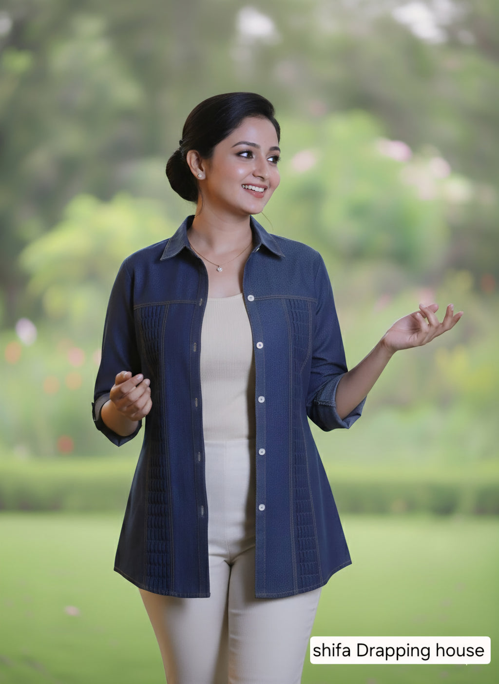 Women's Premium Blue Denim Shirt with Zigzag Pleated  Elegant  with Textured Pin-tuck & White Shell Buttons