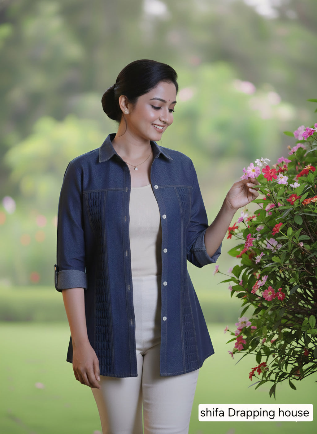 Women's Premium Blue Denim Shirt with Zigzag Pleated  Elegant  with Textured Pin-tuck & White Shell Buttons