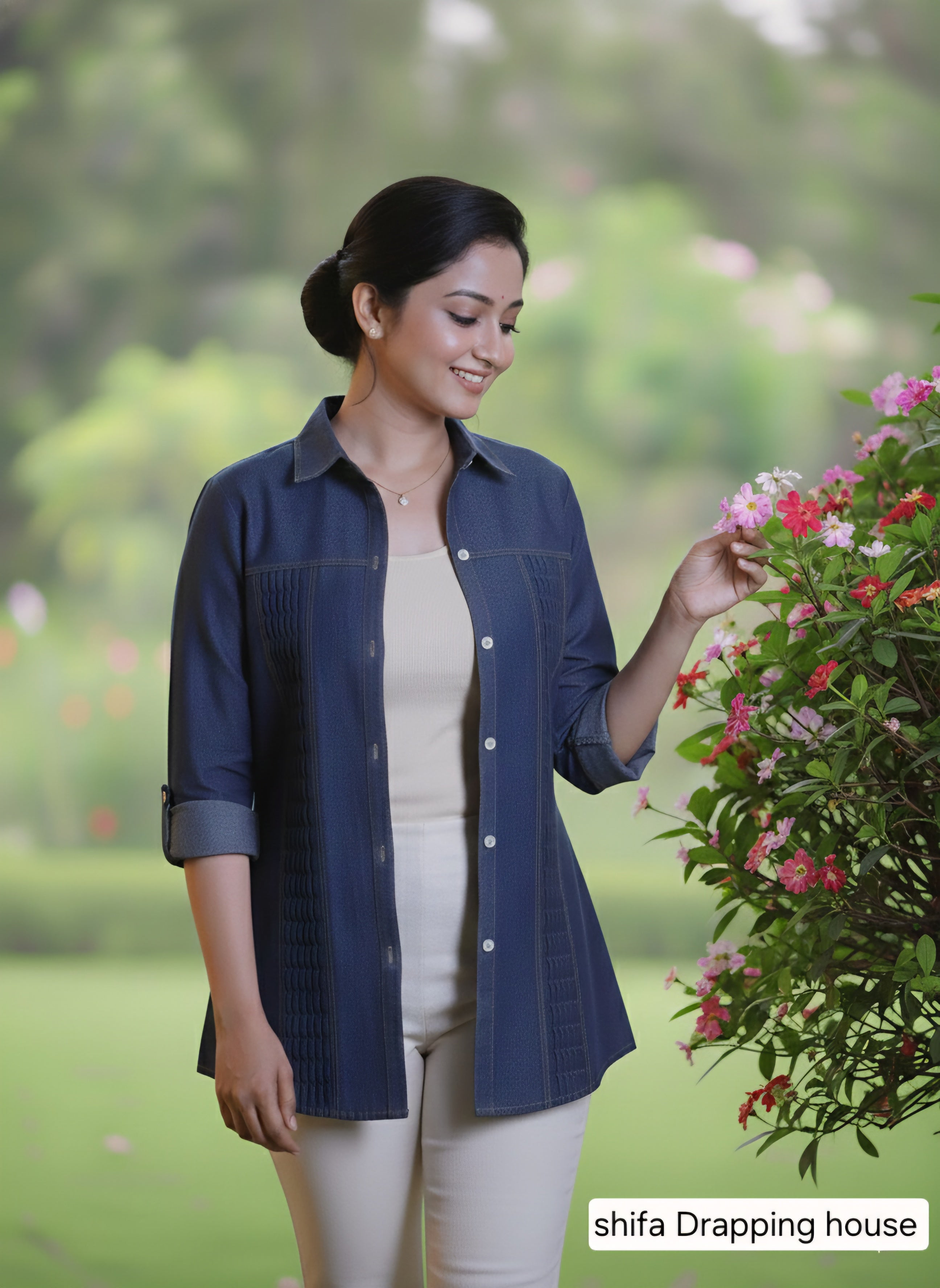 Women's Premium Blue Denim Shirt with Zigzag Pleated  Elegant  with Textured Pin-tuck & White Shell Buttons
