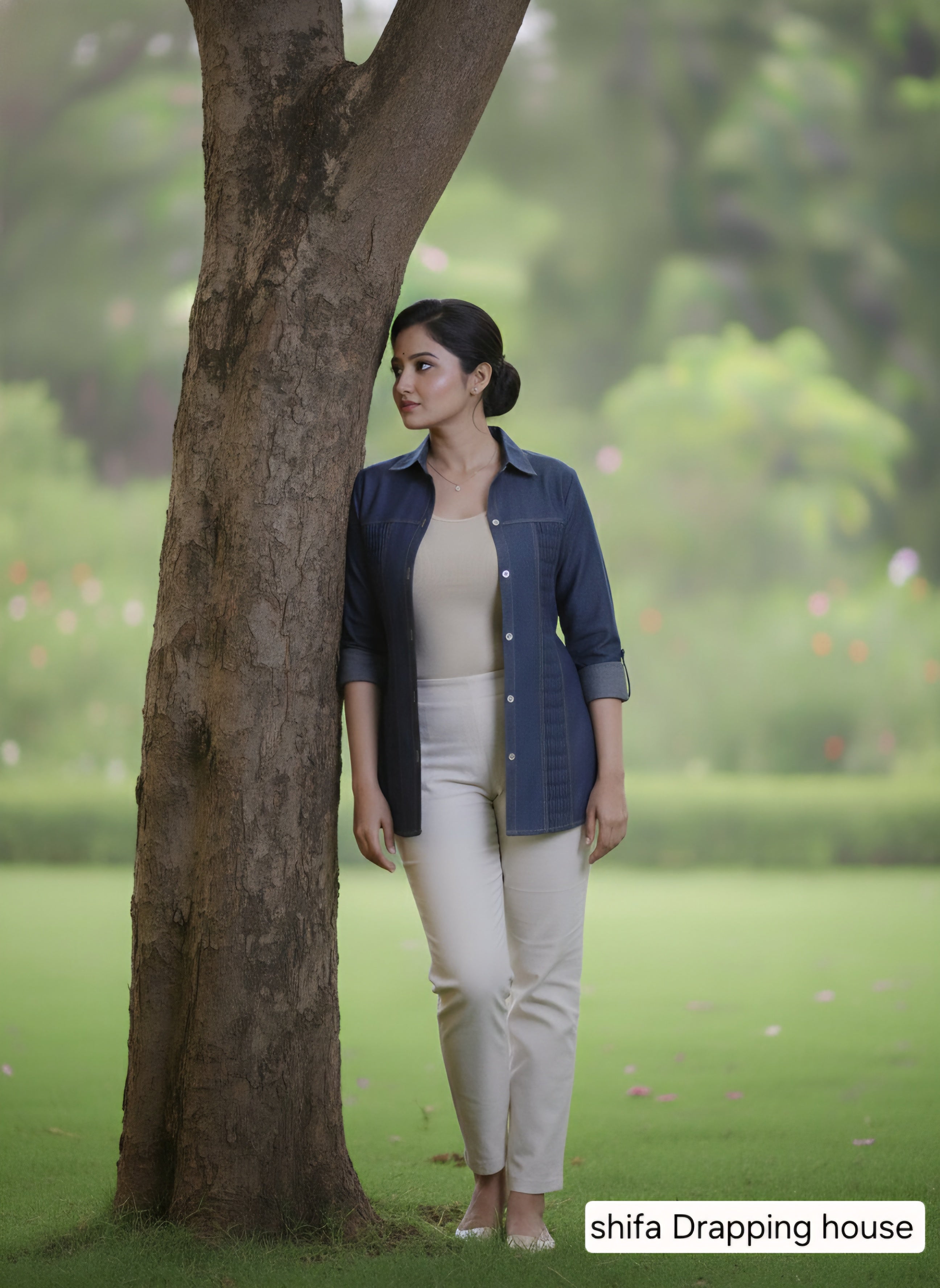 Women's Premium Blue Denim Shirt with Zigzag Pleated  Elegant  with Textured Pin-tuck & White Shell Buttons