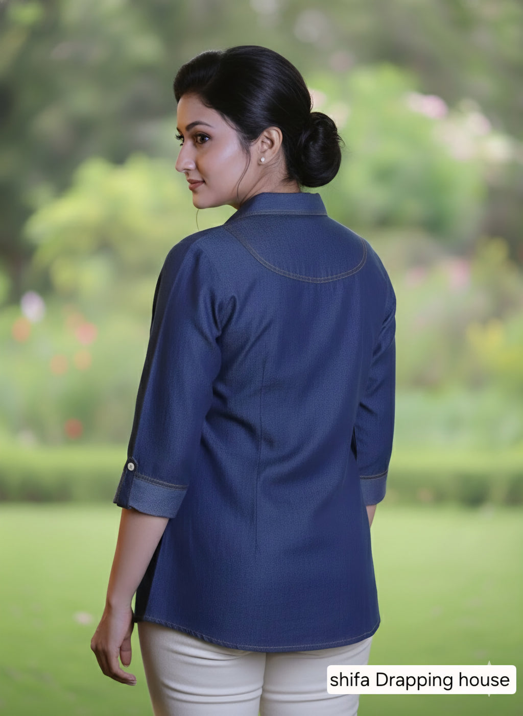 Women's Premium Blue Denim Shirt with Zigzag Pleated  Elegant  with Textured Pin-tuck & White Shell Buttons