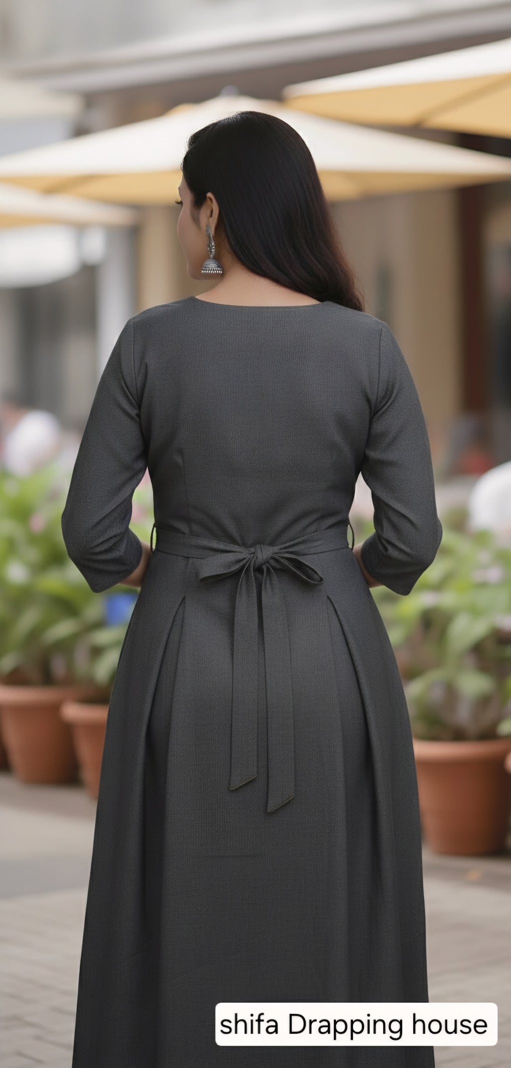 Shifa Drapping House - Premium Charcoal Denim Overlap Maxi Dress with Metal Chain Detail