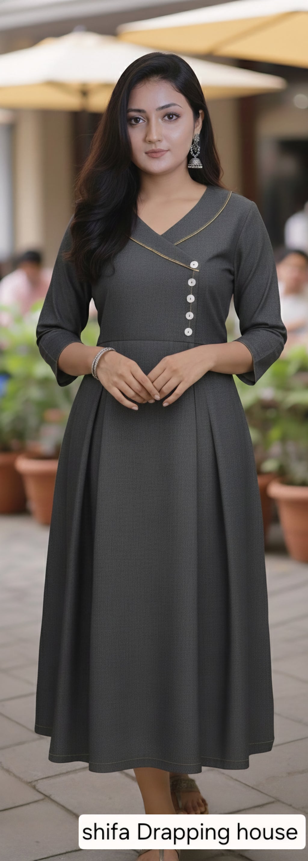 Shifa Drapping House - Premium Charcoal Denim Overlap Maxi Dress with Metal Chain Detail