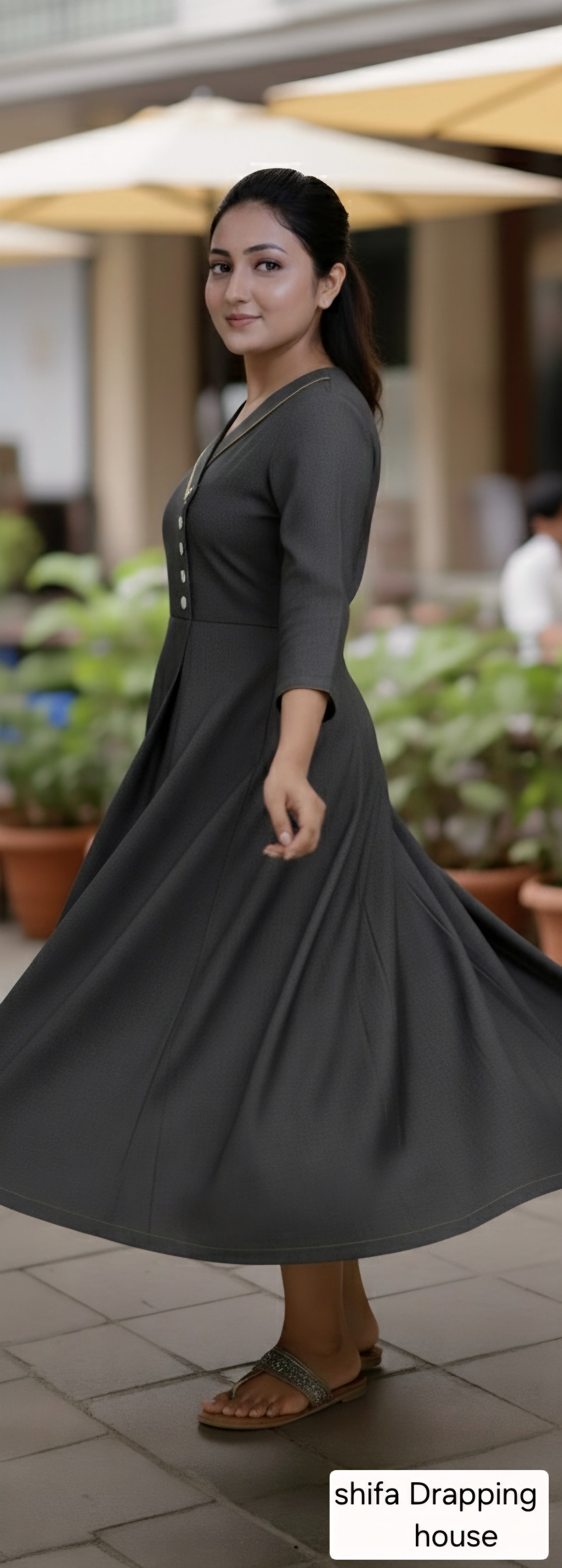 Shifa Drapping House - Premium Charcoal Denim Overlap Maxi Dress with Metal Chain Detail