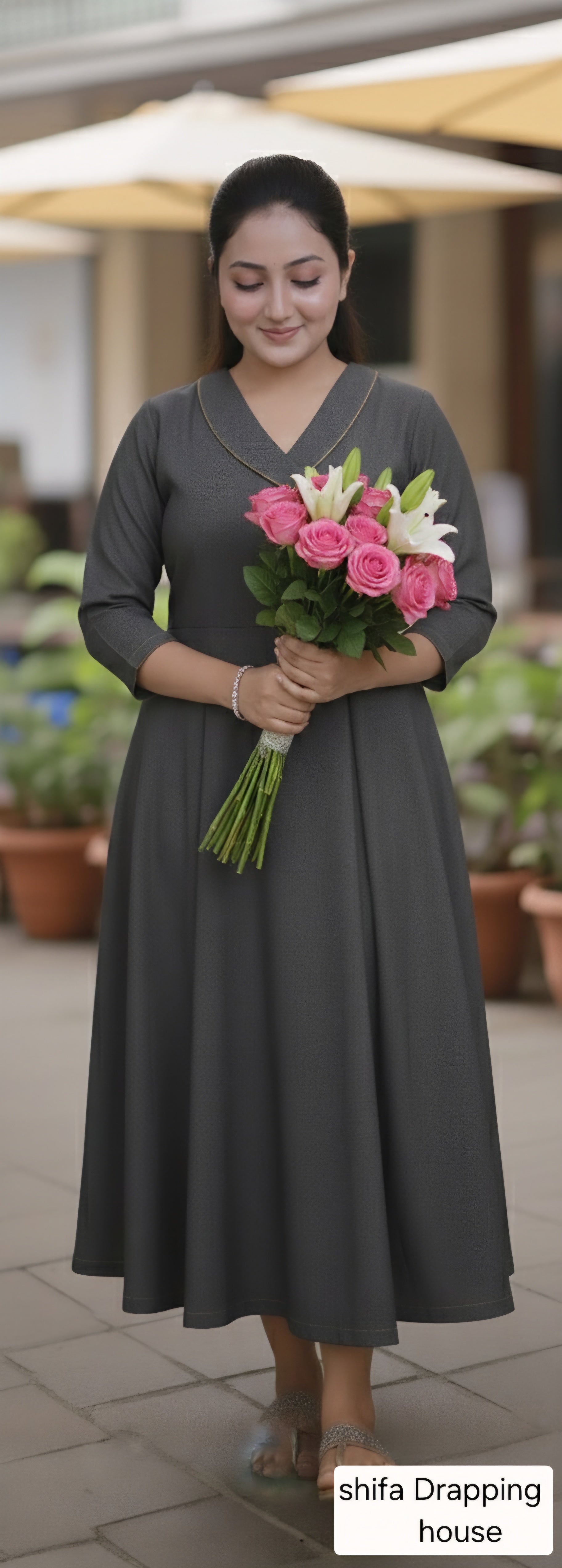 Shifa Drapping House - Premium Charcoal Denim Overlap Maxi Dress with Metal Chain Detail