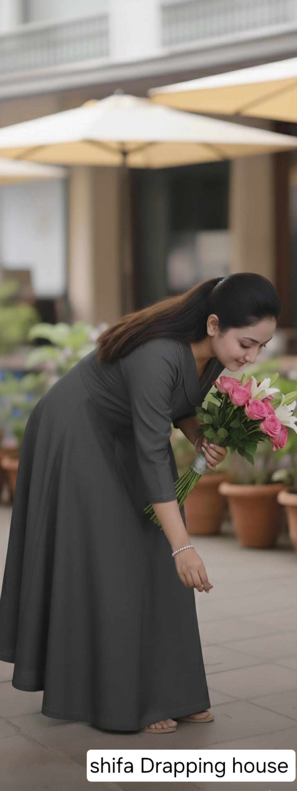 Shifa Drapping House - Premium Charcoal Denim Overlap Maxi Dress with Metal Chain Detail