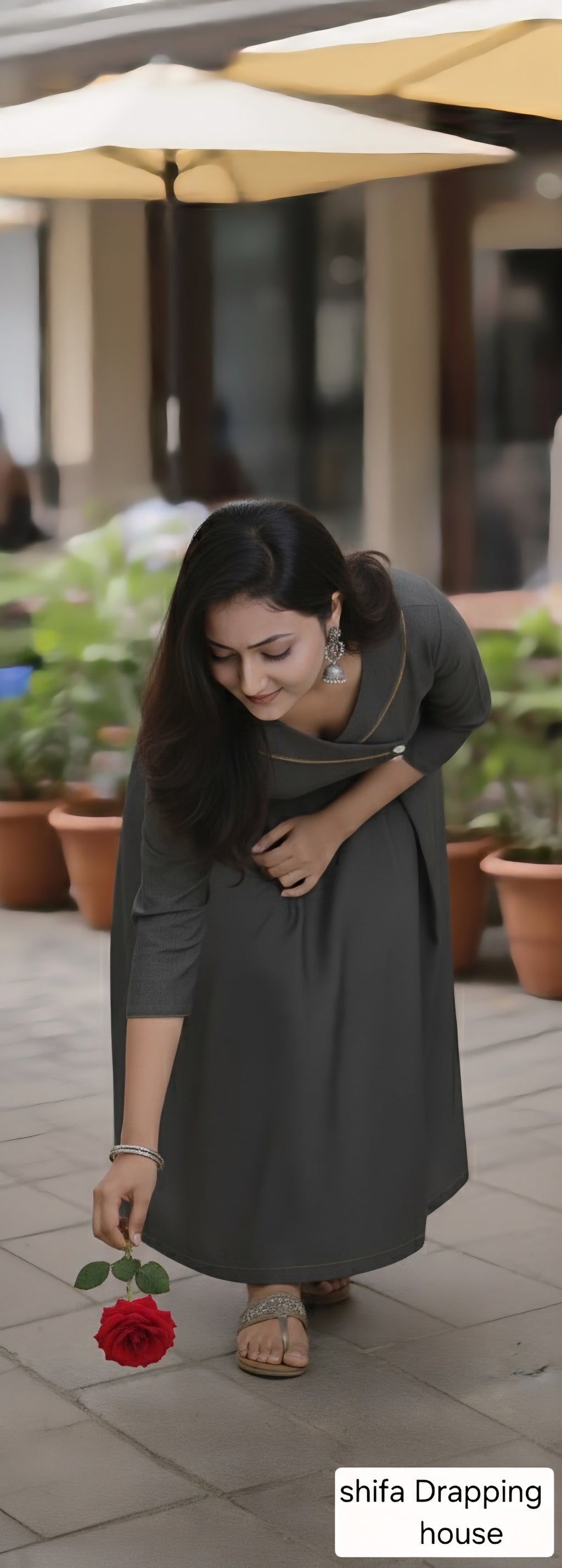 Shifa Drapping House - Premium Charcoal Denim Overlap Maxi Dress with Metal Chain Detail