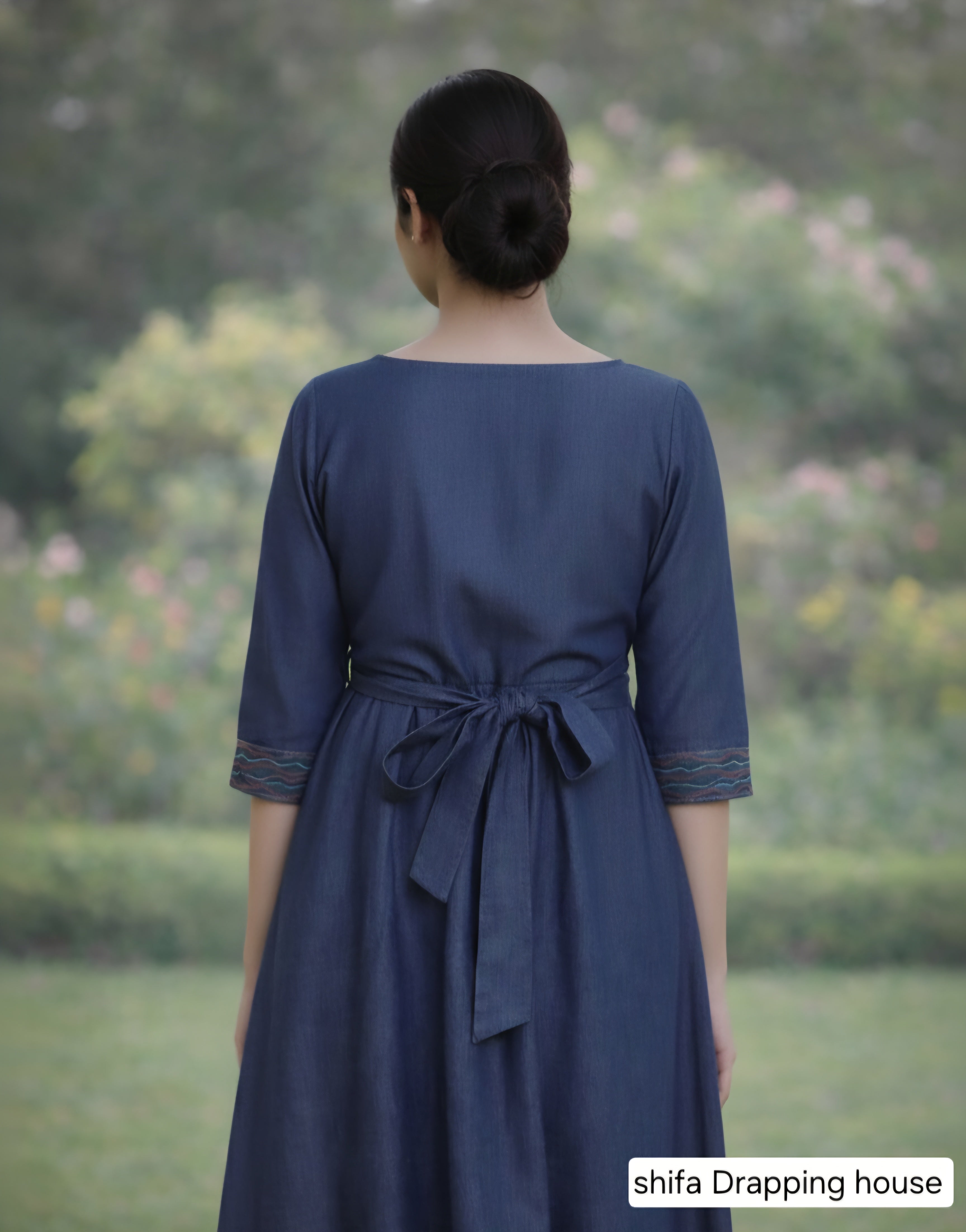 Boho-Chic Indigo Denim Midi Dress with Artisanal Red & Turquoise Embroidery