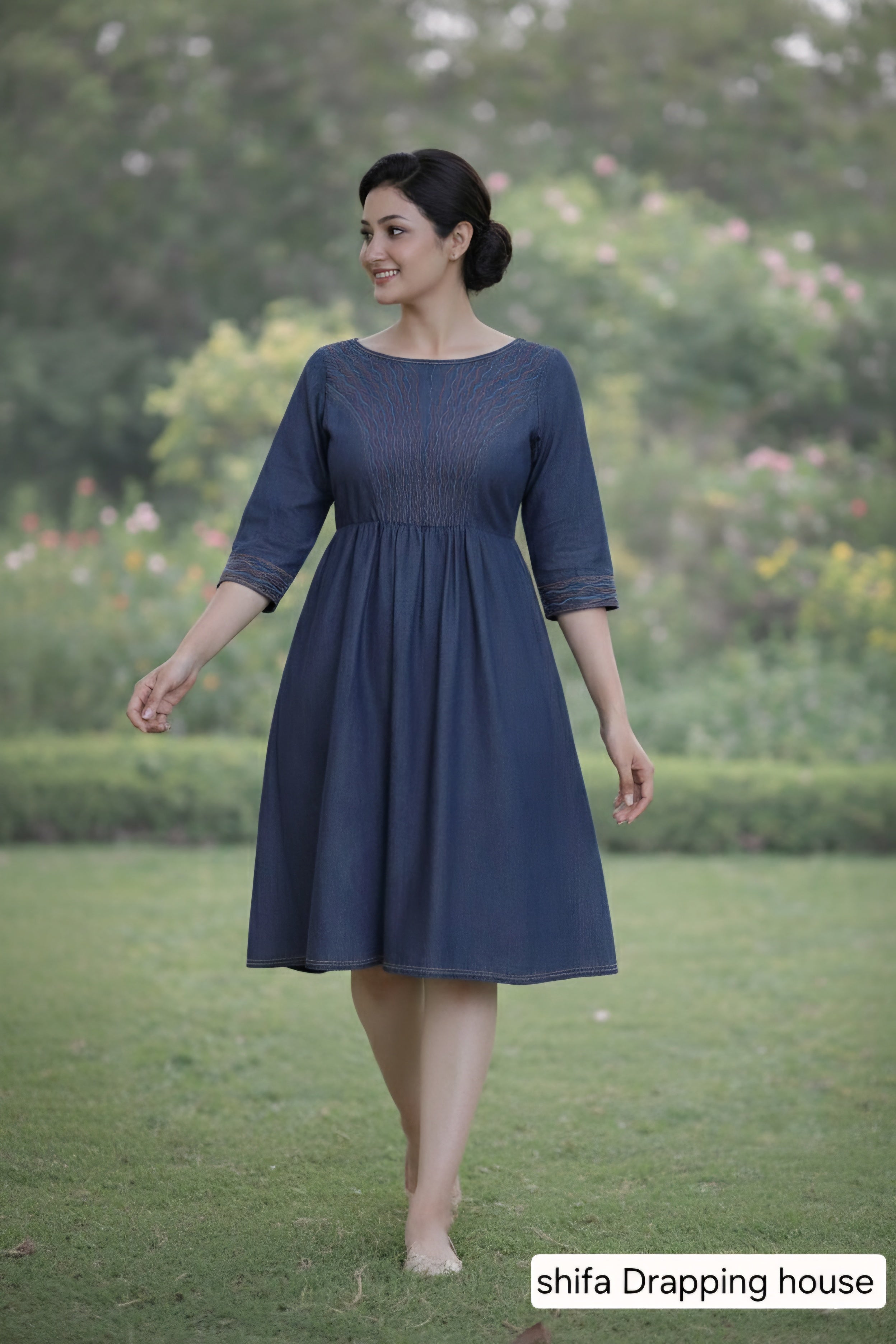 Boho-Chic Indigo Denim Midi Dress with Artisanal Red & Turquoise Embro Shifa Drapping house Boho-Chic Indigo Denim Midi Dress with Artisanal Red & Turquoise Embro Shifa Drapping house