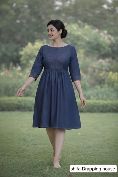 Boho-Chic Indigo Denim Midi Dress with Artisanal Red & Turquoise Embroidery