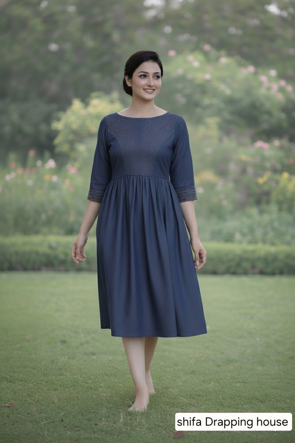 Boho-Chic Indigo Denim Midi Dress with Artisanal Red & Turquoise Embroidery