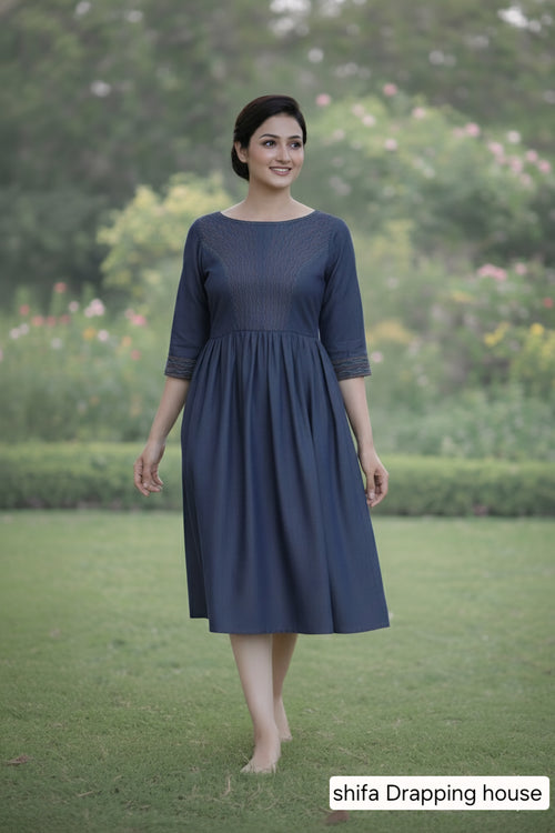 Boho-Chic Indigo Denim Midi Dress with Artisanal Red & Turquoise Embroidery