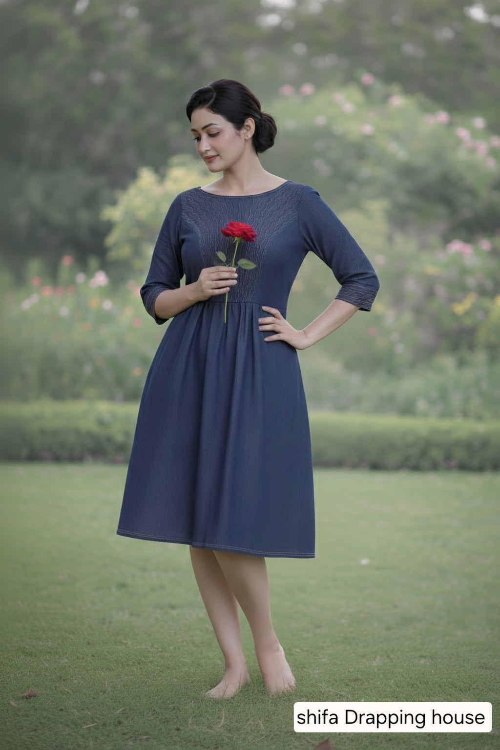 Boho-Chic Indigo Denim Midi Dress with Artisanal Red & Turquoise Embroidery