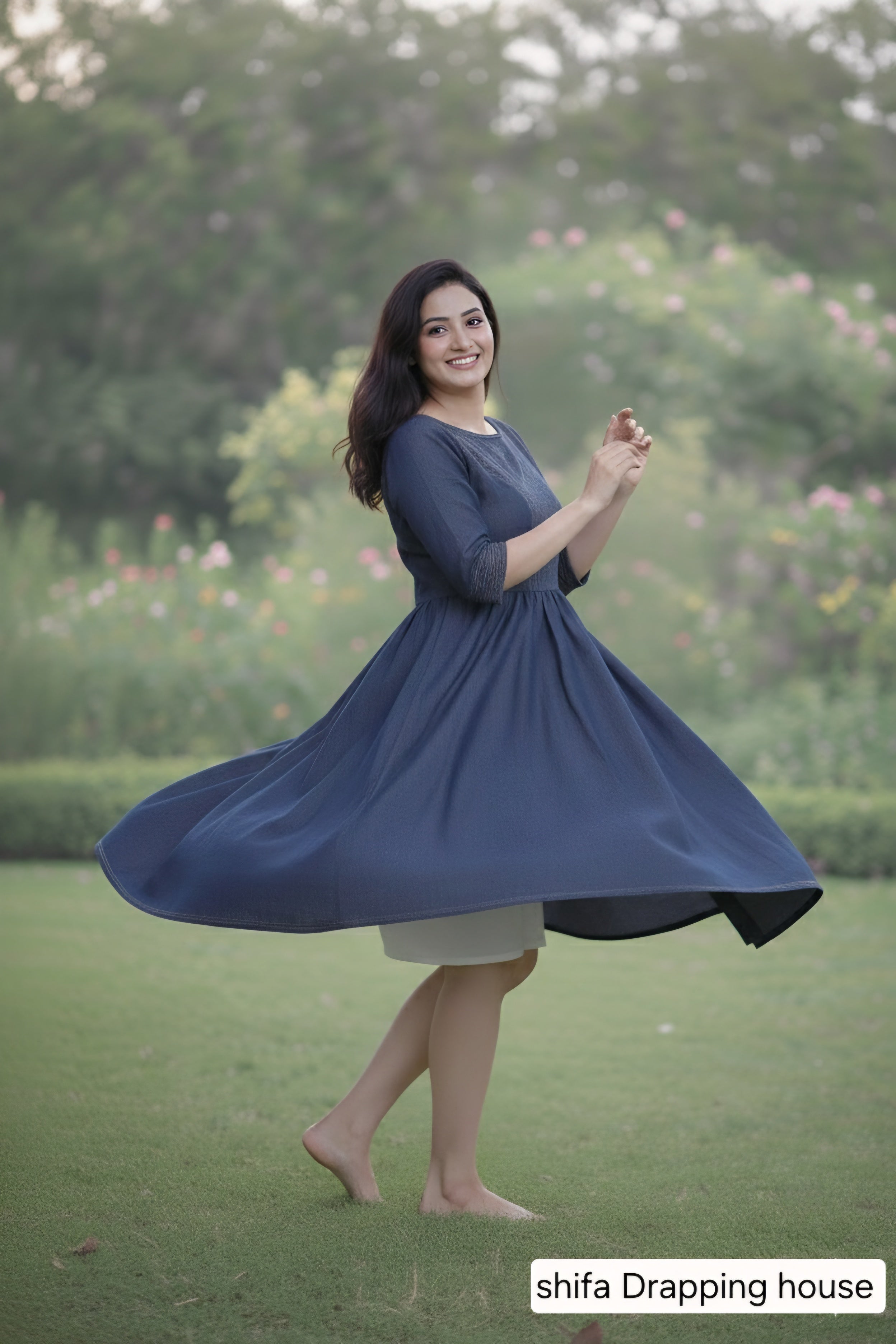 Boho-Chic Indigo Denim Midi Dress with Artisanal Red & Turquoise Embroidery