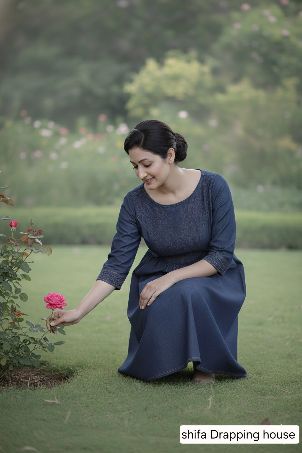 Boho-Chic Indigo Denim Midi Dress with Artisanal Red & Turquoise Embroidery