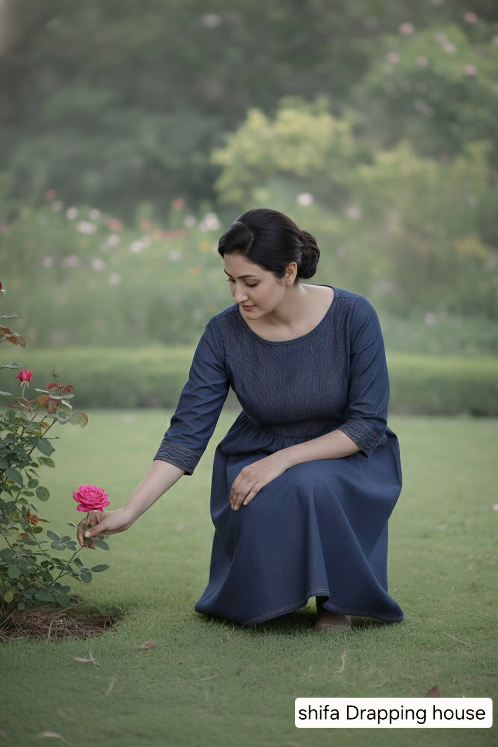Boho-Chic Indigo Denim Midi Dress with Artisanal Red & Turquoise Embroidery