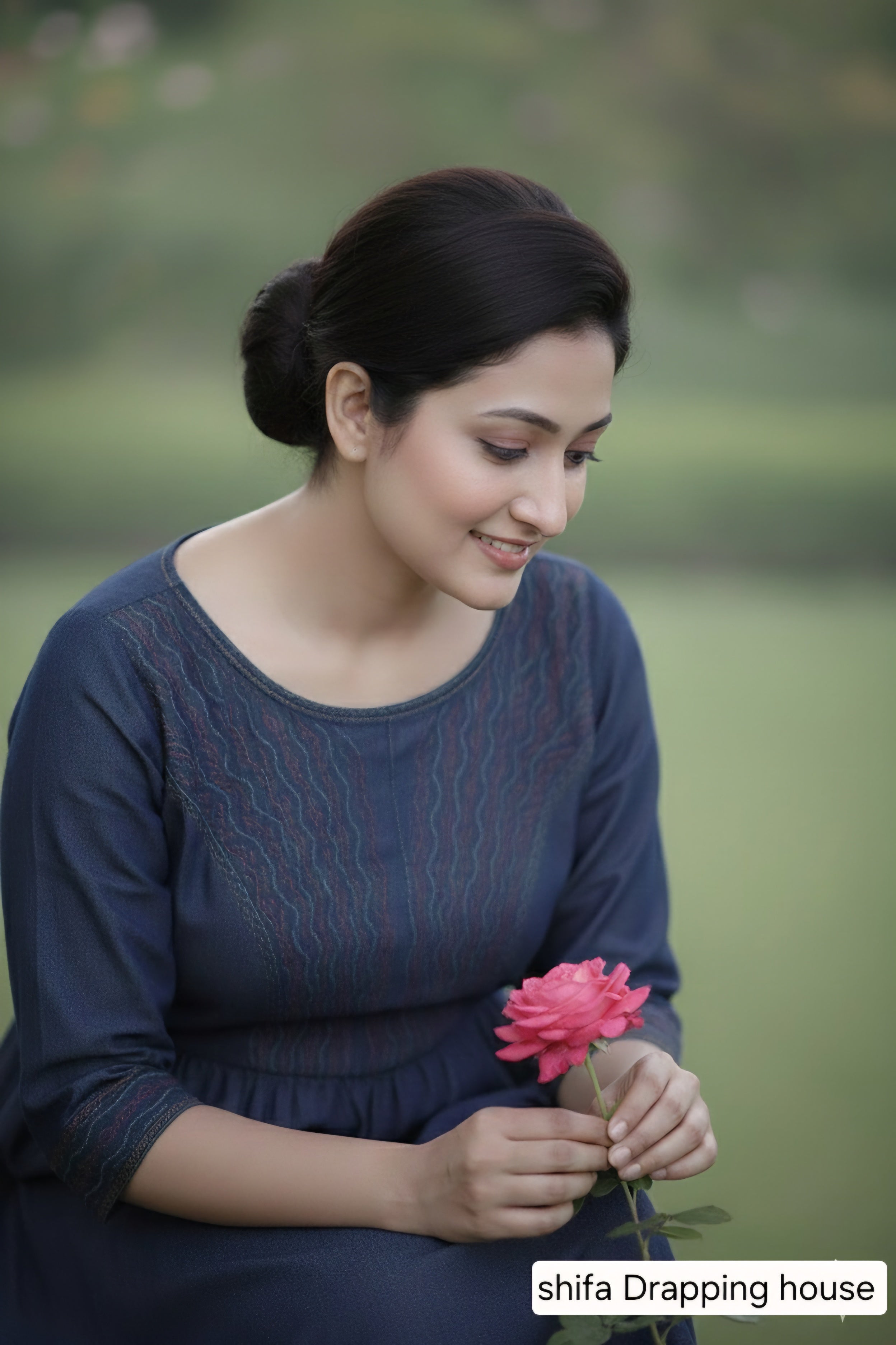 Boho-Chic Indigo Denim Midi Dress with Artisanal Red & Turquoise Embroidery