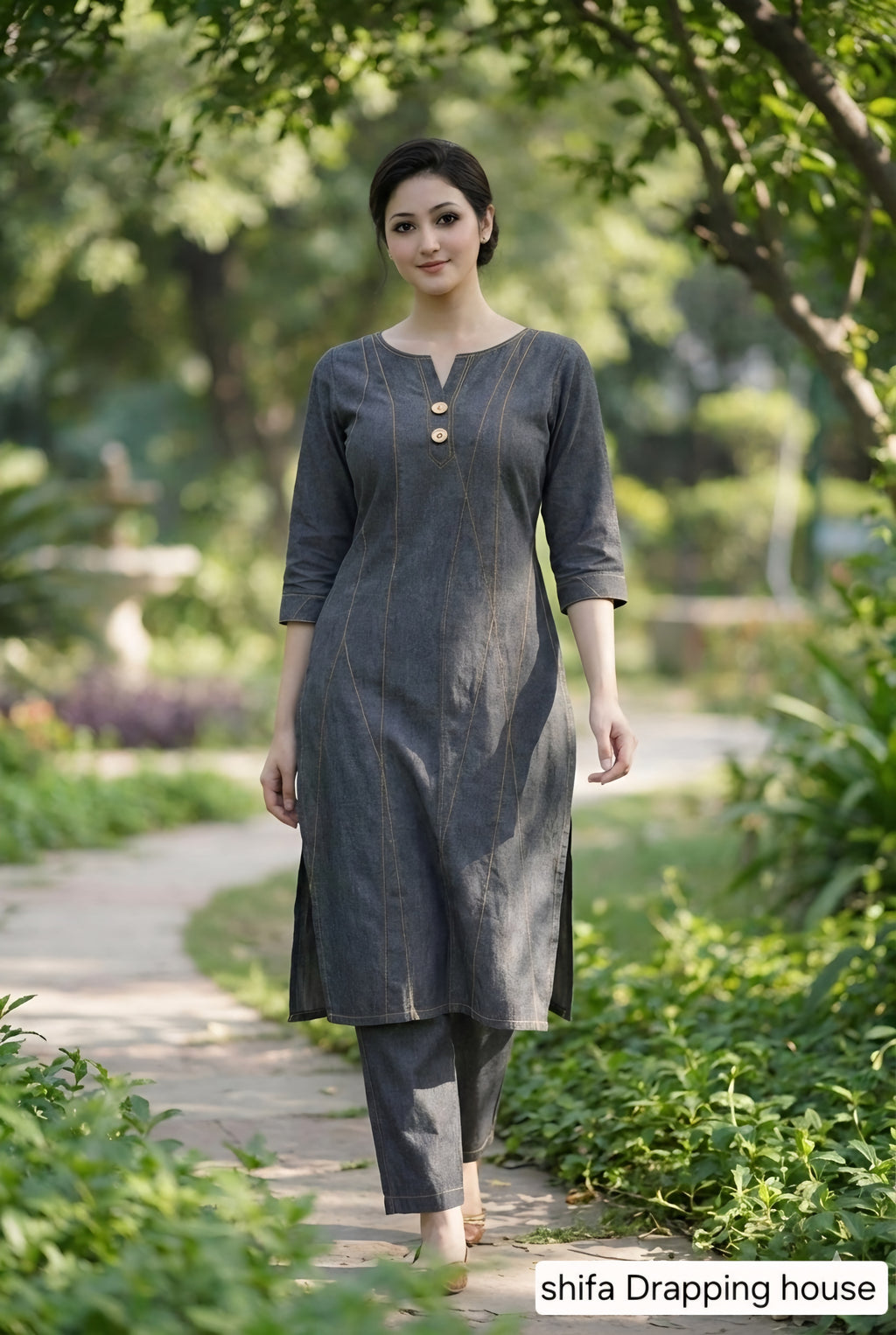 Designer black grey Denim Kurti with Contrast Stitching and Side Slits