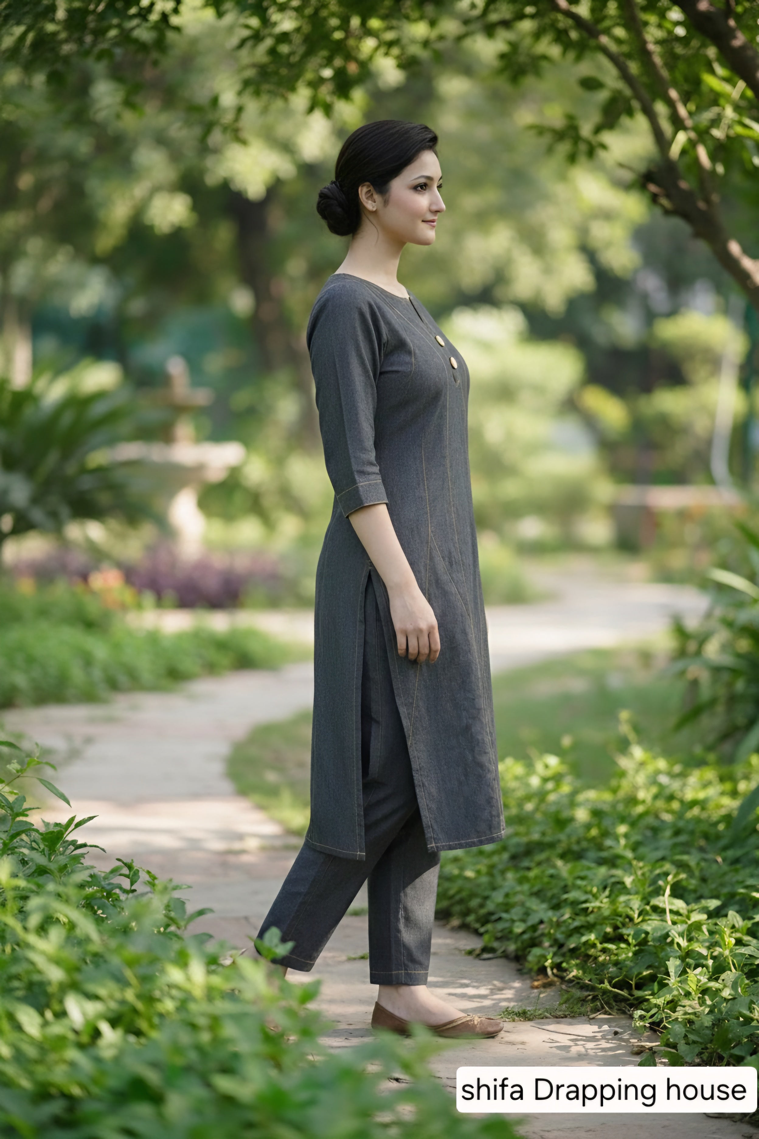 Designer black grey Denim Kurti with Contrast Stitching and Side Slits