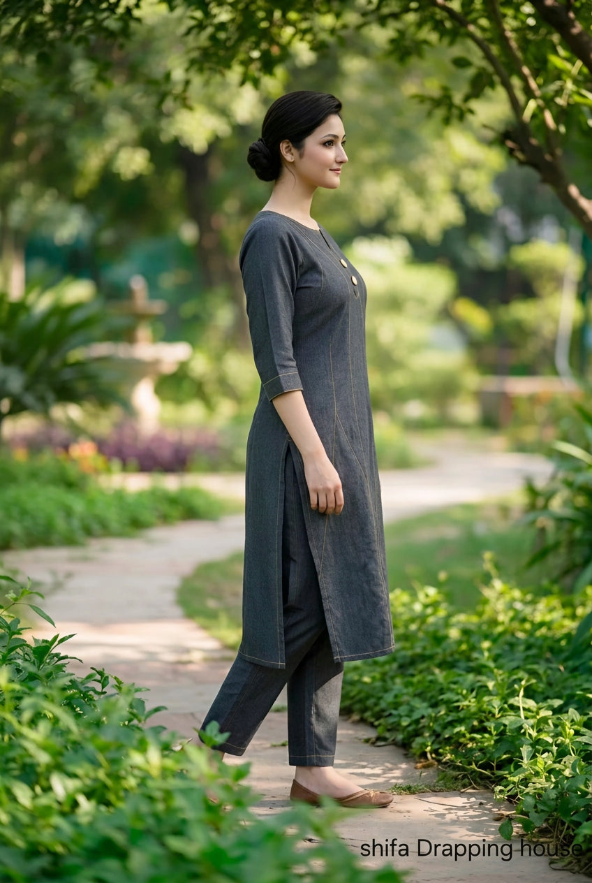 Woman in a gray dress standing in a garden