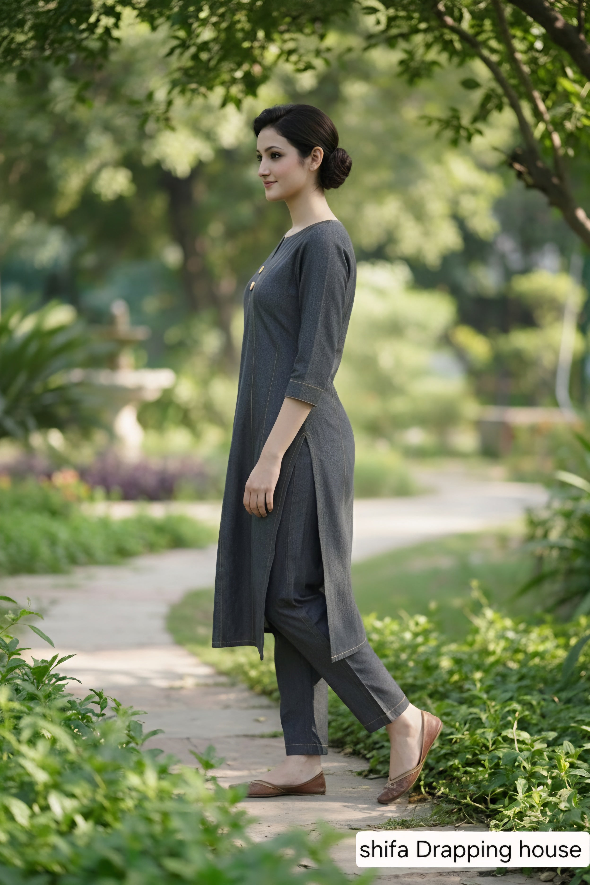 Designer black grey Denim Kurti with Contrast Stitching and Side Slits