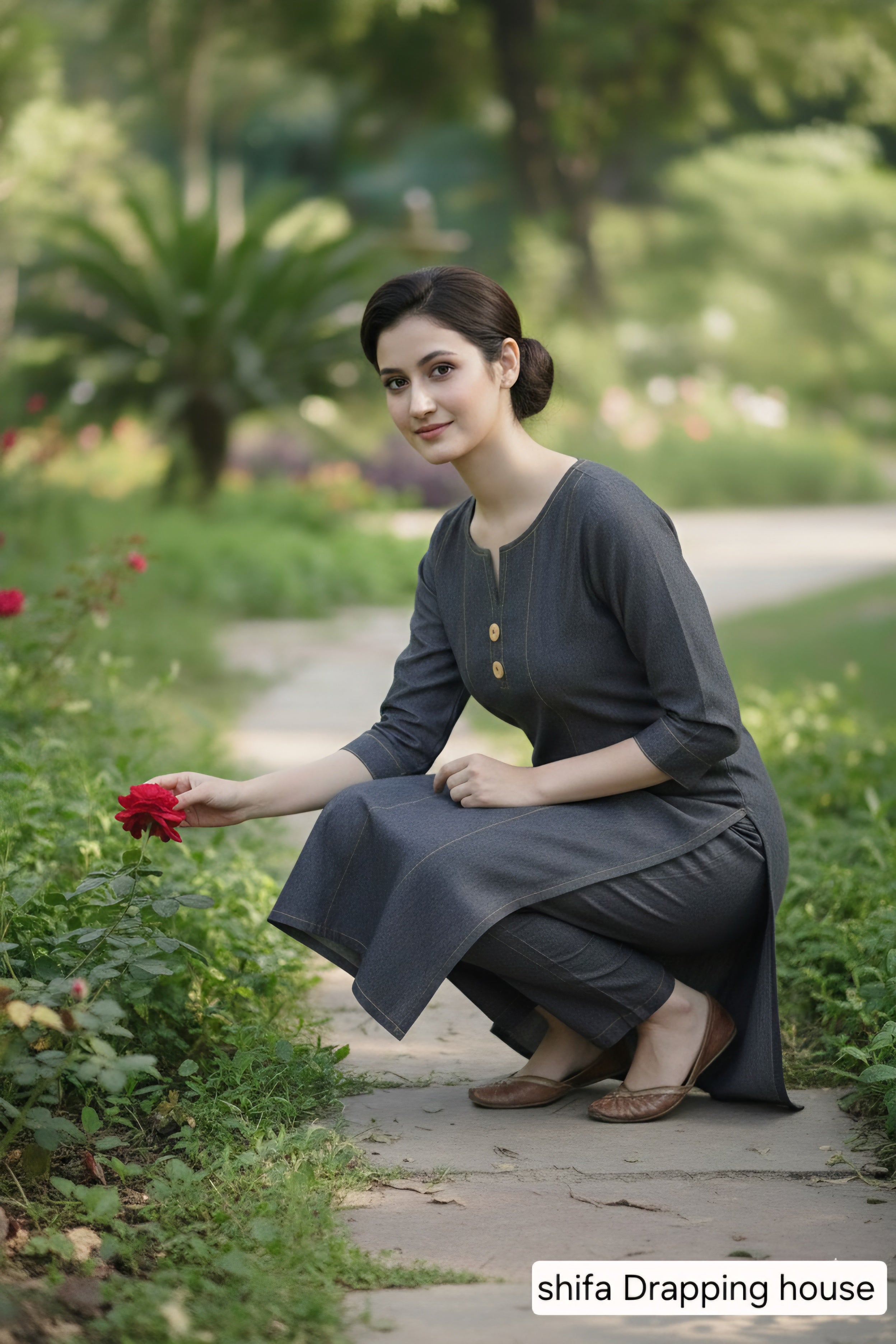 Designer black grey Denim Kurti with Contrast Stitching and Side Slits