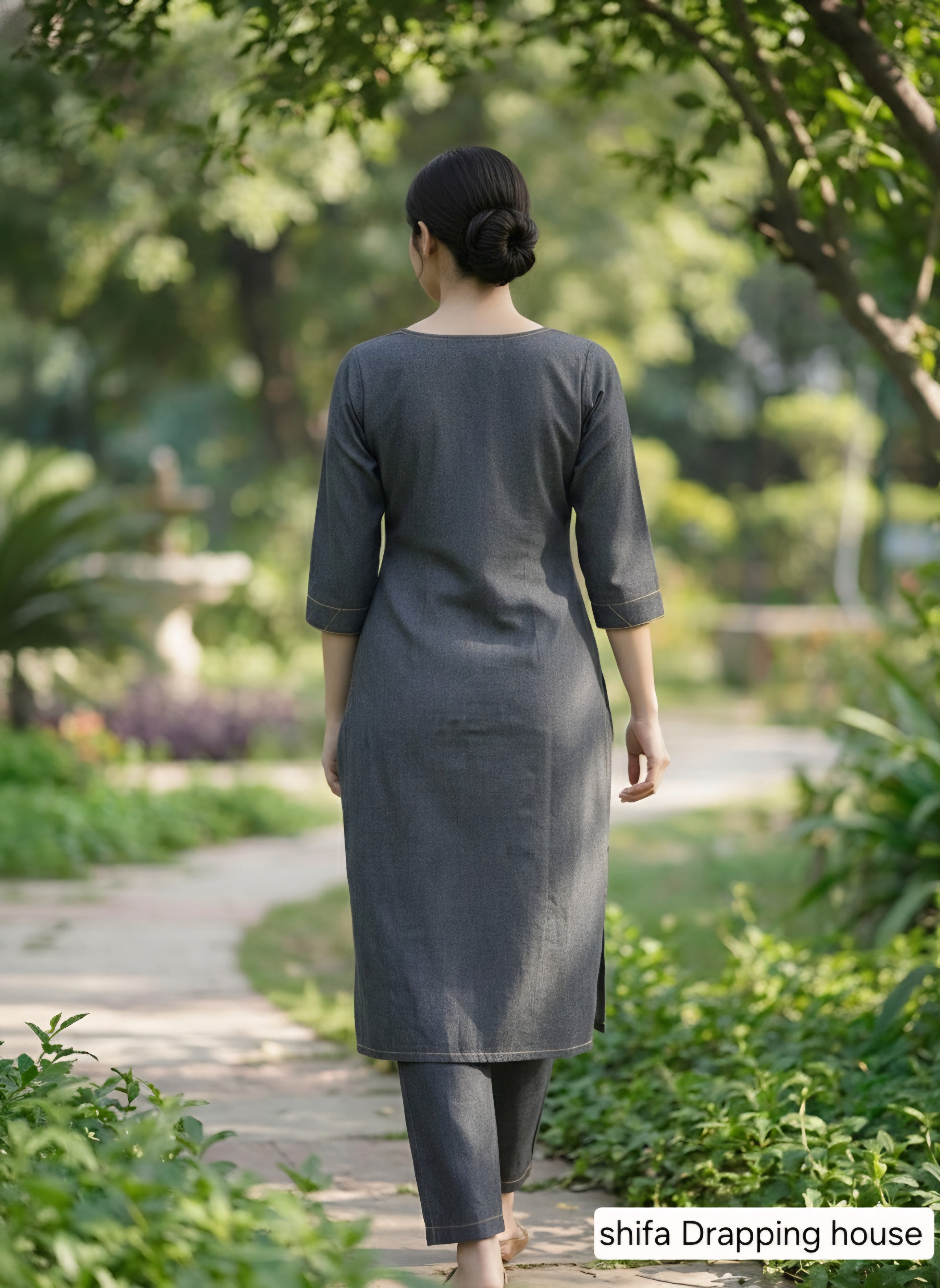 Designer black grey Denim Kurti with Contrast Stitching and Side Slits