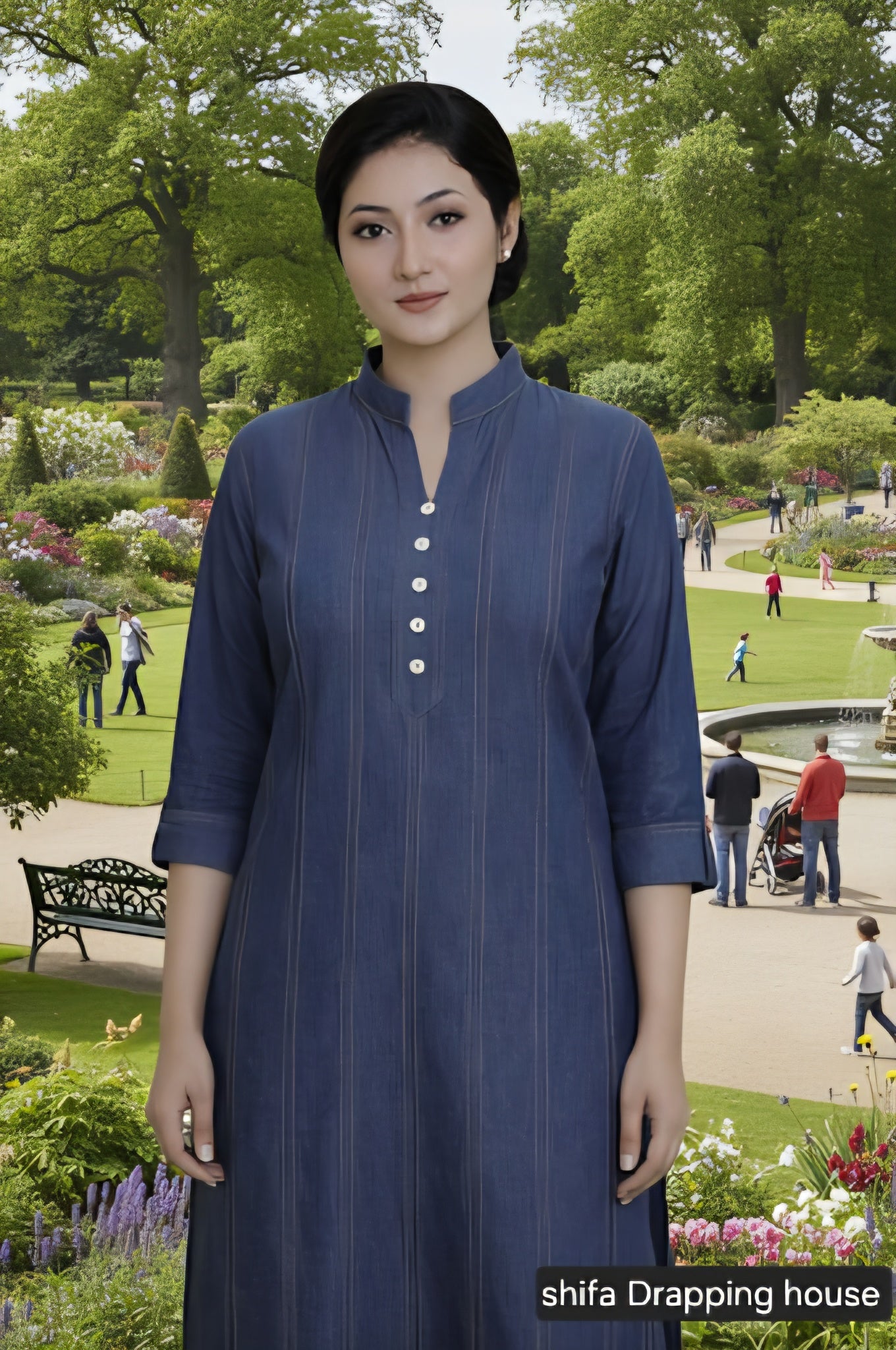Women's Indigo. Denim Blue Kurti - Pintuck Style Stitching & Shell Button Details