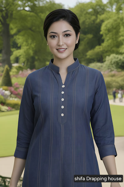 Women's Indigo. Denim Blue Kurti - Pintuck Style Stitching & Shell Button Details